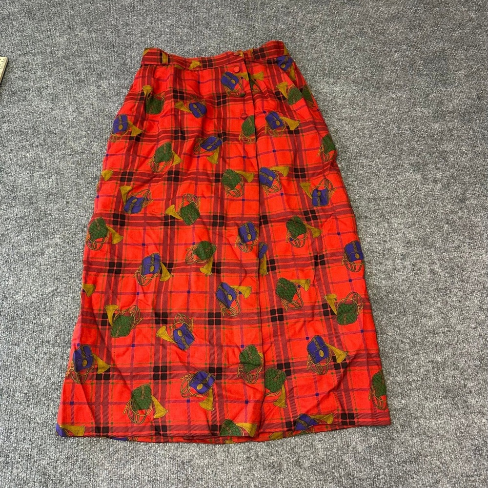 Vintage Skirt Womens Size 26 Red Plaid Wool Equestrian Horn Pattern Midi Wrap